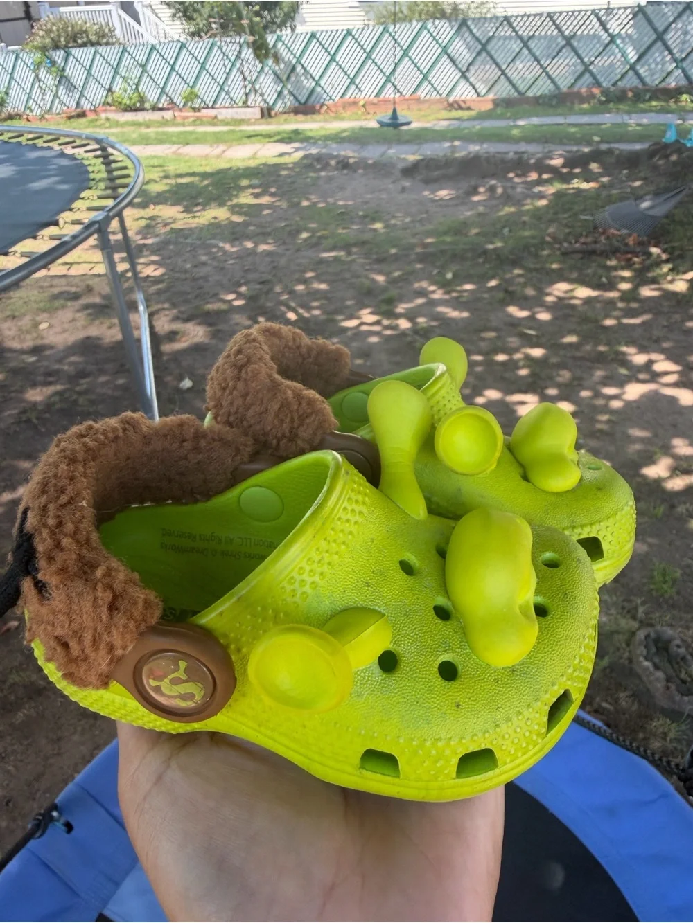 CROCS Kids Neon Lime Clog Sandals with Brown Faux Fur Trim